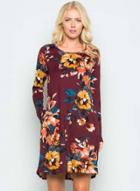 Oasap Round Neck Long Sleeve Floral Printed Dress With Pocket