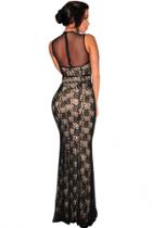 Oasap Black Lace Nude Illusion Mesh Accent Gown