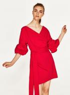 Oasap V Neck Belt Decoration Solid Color Mini Dress