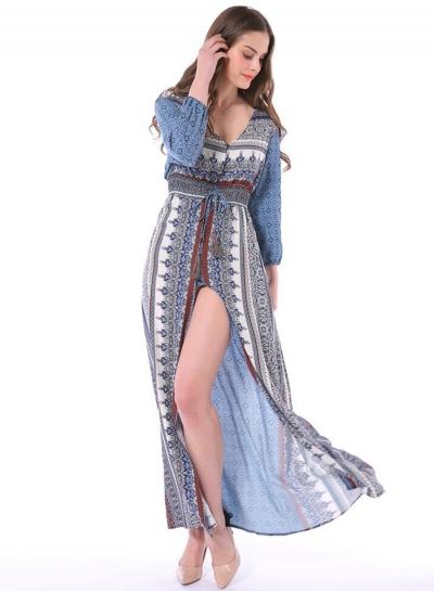 Oasap V Neck 3/4 Sleeve Print High Slit Maxi Dress