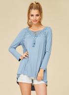 Oasap Solid V Neck Long Sleeve Lace Panel Knit Tee Shirt