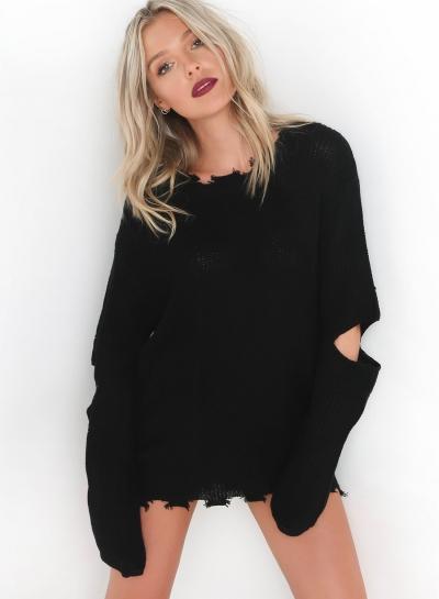 Oasap Round Neck Broken Hole Long Sleeve Sweaters