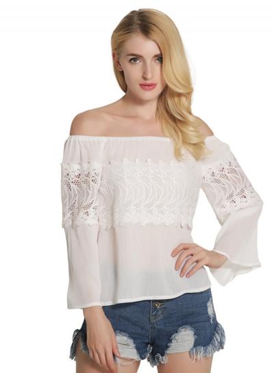 Oasap Slash Neck Off Shoulder Lace Panel Hollow Out Blouse
