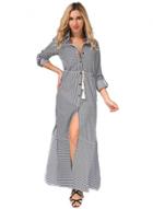 Oasap Turn-down Collar Long Sleeve High Slit Button Down Striped Dress