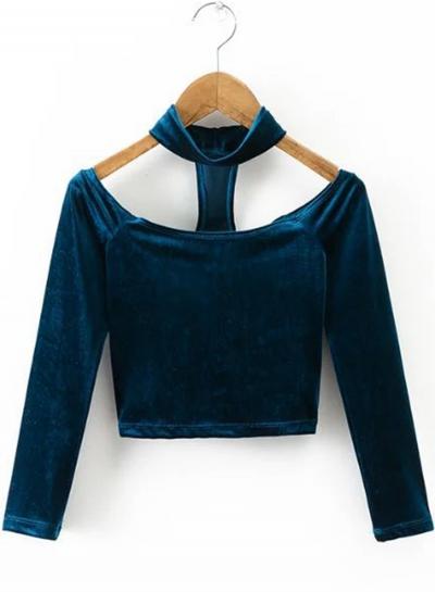 Oasap Halter Neck Long Sleeve Solid Color Crop-top