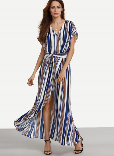 Oasap Striped V Neck Short Sleeve Maxi Dress With Belt