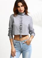 Oasap Solid High Neck Lace-up Front Cropped Sweatshirt