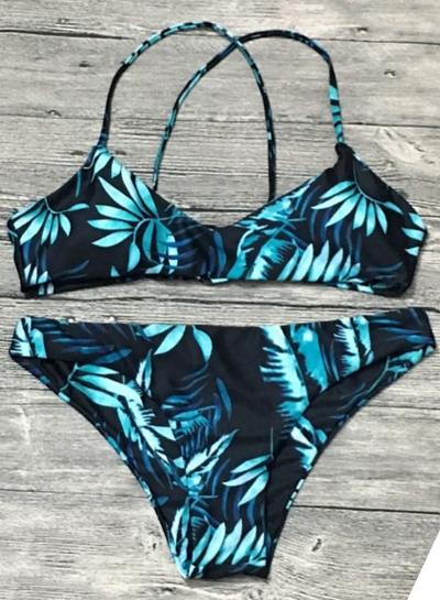 Oasap Fashion Lace-up Leaf Printed 2 Piece Bikini Set