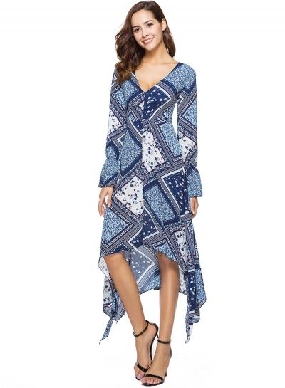 Oasap Deep V Neck Flare Sleeve Floral Printed Midi Dress