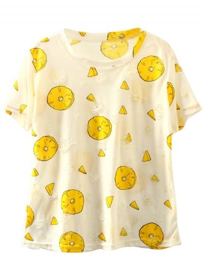 Oasap Women's Pineapple Graphic Distressed Round Neck Knit Tee