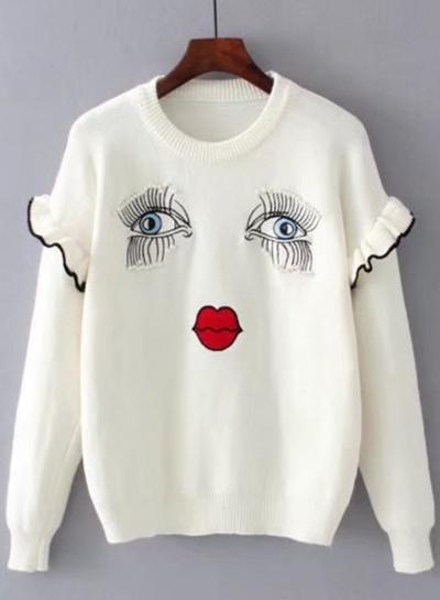 Oasap Round Neck Long Sleeve Patterned Flounce Hem Sweater