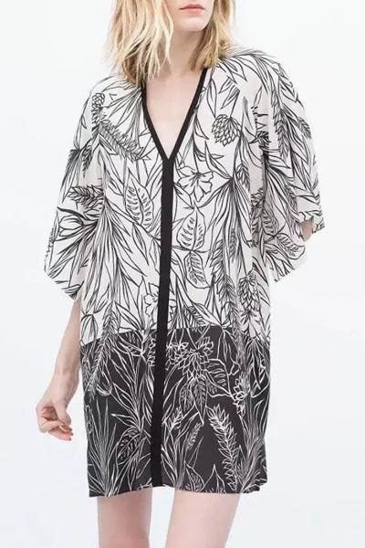 Oasap Stylish Floral Print Half Sleeve V Neck Slit Dress