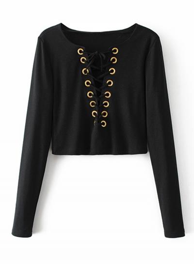 Oasap V Neck Lace Up Solid Top