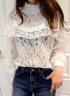 Oasap High Neck Long Sleeve Ruffle Lace Blouse