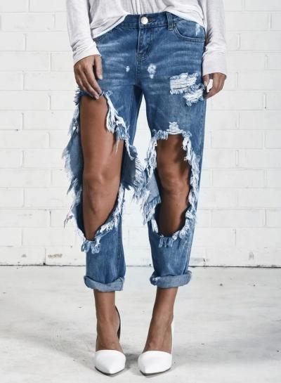 Oasap Fashion Ripped Hole Denim Ninth Pants