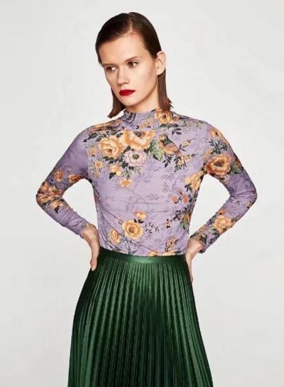 Oasap Stand Collar Long Sleeve Floral Printed Blouse