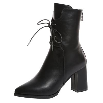 Oasap Solid Color Block Heels Lace Up Pointed Toe Mid-calf Boots