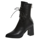 Oasap Solid Color Block Heels Lace Up Pointed Toe Mid-calf Boots