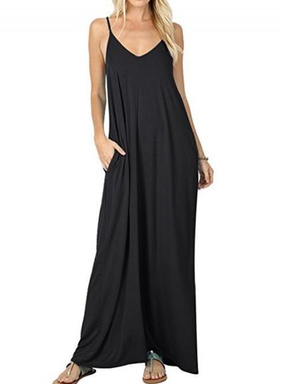 Oasap Solid Spaghetti Strap Sleeveless V Neck Maxi Dress With Pockets