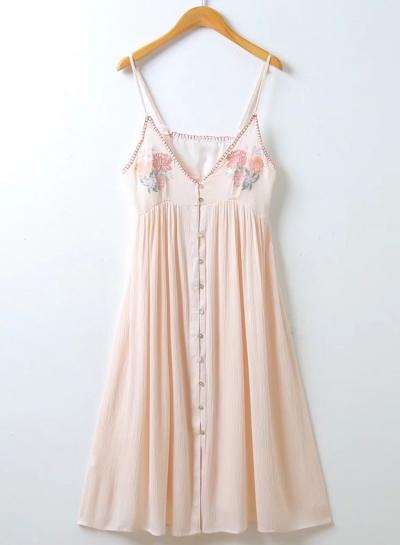 Oasap Fashion Spaghetti Strap V Neck Sleeve Floral Embroidery Pleated Dress