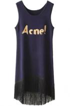 Oasap Acne Print Fringe Sleeveless Knit Mini Dress