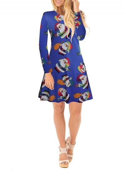 Oasap Round Neck Long Sleeve Father Christmas Printed Midi Dress