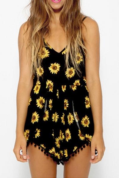 Oasap Sunflower Print Pom Deco Romper