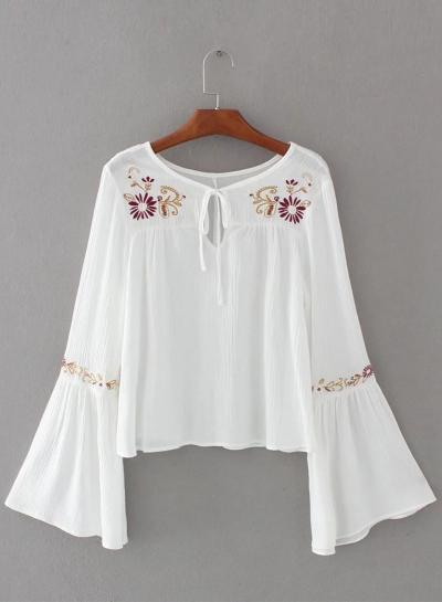 Oasap Fashion Flare Sleeve Floral Embroidered Loose Blouse