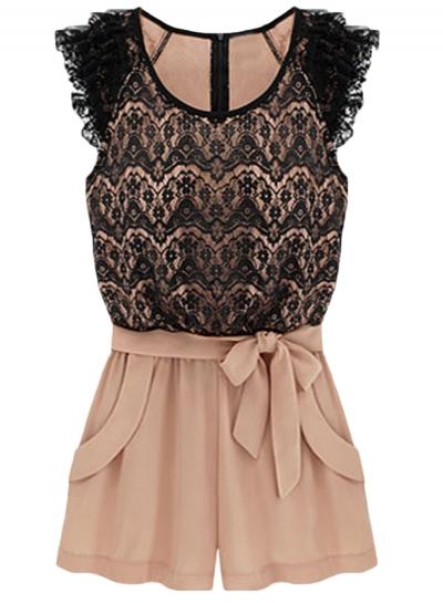 Oasap Women's Floral Lace Paneled Tie Waist Romper