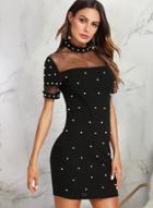 Oasap Sexy Mesh Spicing Short Sleeve High Neck Bodycon Dress With Pearl