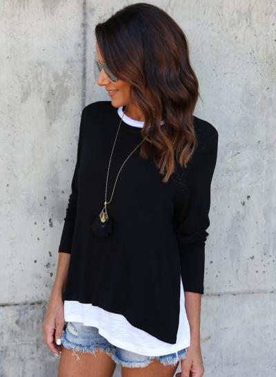 Oasap Long Sleeve Color Block Round Neck Slim Fit Knit Tee Shirt