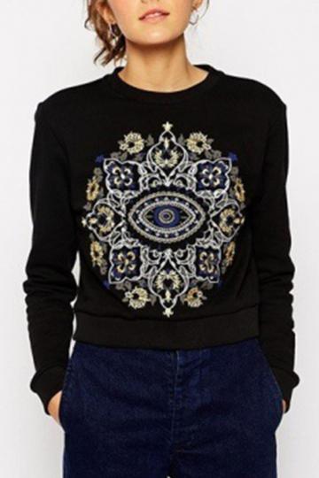 Oasap Embroidery Royal Floral Crop Sweatshirt