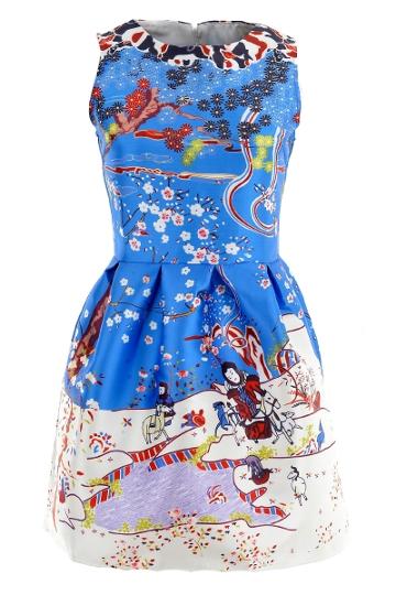 Oasap Sweet Romantic Floral Print Blue Flare Dress
