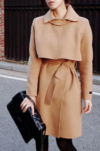 Oasap Women's Elegant Solid Notch Lapel Belted Longline Coat
