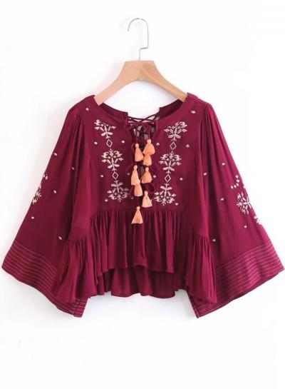 Oasap 3/4 Sleeve Floral Embroidery Loose Fit Fringe Blouse