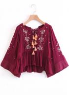 Oasap 3/4 Sleeve Floral Embroidery Loose Fit Fringe Blouse