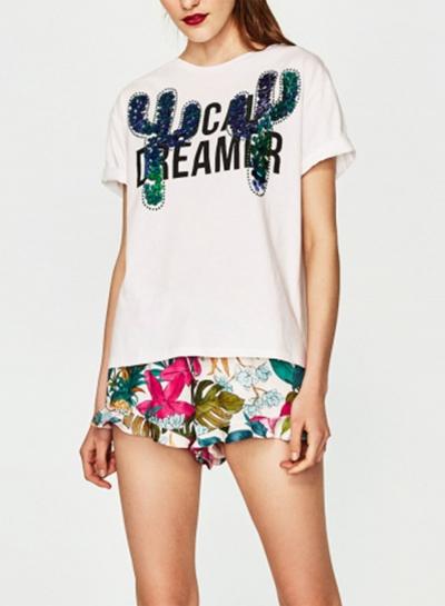 Oasap Round Neck Sequin Cacti Tee Shirt