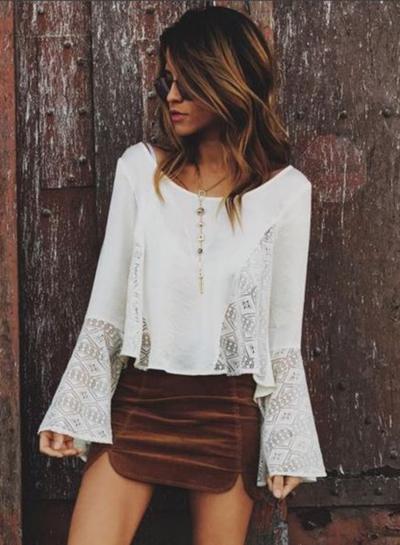 Oasap Lace Panel Round Neck Flare Sleeve Tee Shirt