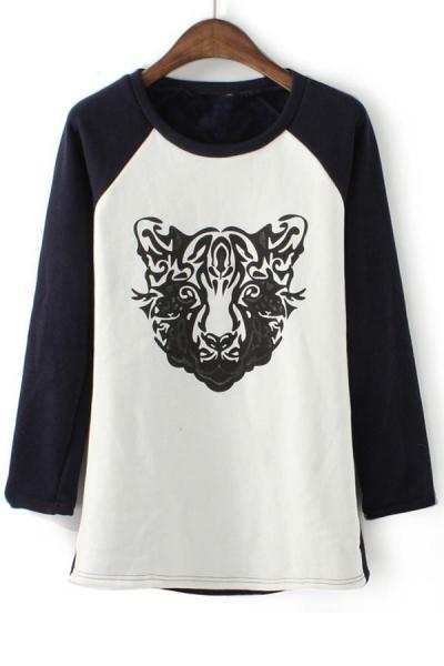 Oasap Color Block Leopard Fleece Sweatshirt