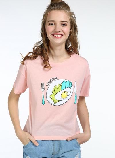 Oasap Short Sleeve Cartoon Printed Loose Fit Cropped Tee