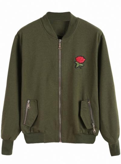 Oasap Stand Collar Floral Embroidery Zipper Fly Coats