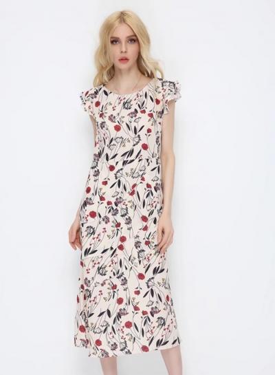 Oasap Floral Printed Ruffle Sleeve Midi Dress