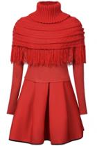 Oasap Fancy Knit Paneled Dress Turtle Neck Poncho Set