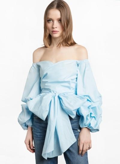 Oasap Off Shoulder Lantern Sleeve Bow Waist Blouse