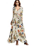 Oasap V Neck 3/4 Sleeve Floral Loose Maxi Dress