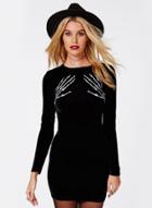 Oasap Women's Black Skeleton Embroidery Bodycon Velvet Dress