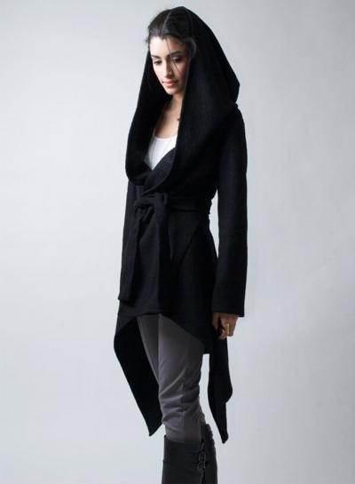 Oasap Long Sleeve Solid Irregular Hooded Coat With Belt