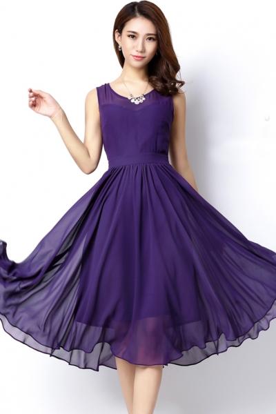 Oasap Flattering Solid Sleeveless Pleated Midi Dress