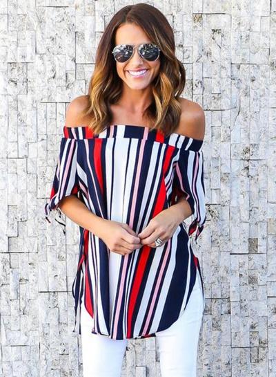 Oasap Off Shoulder Short Sleeve Striped Blouse