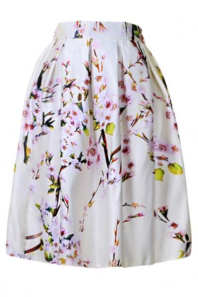 Oasap White Pleated Accent Midi Floral Bubble Skirt
